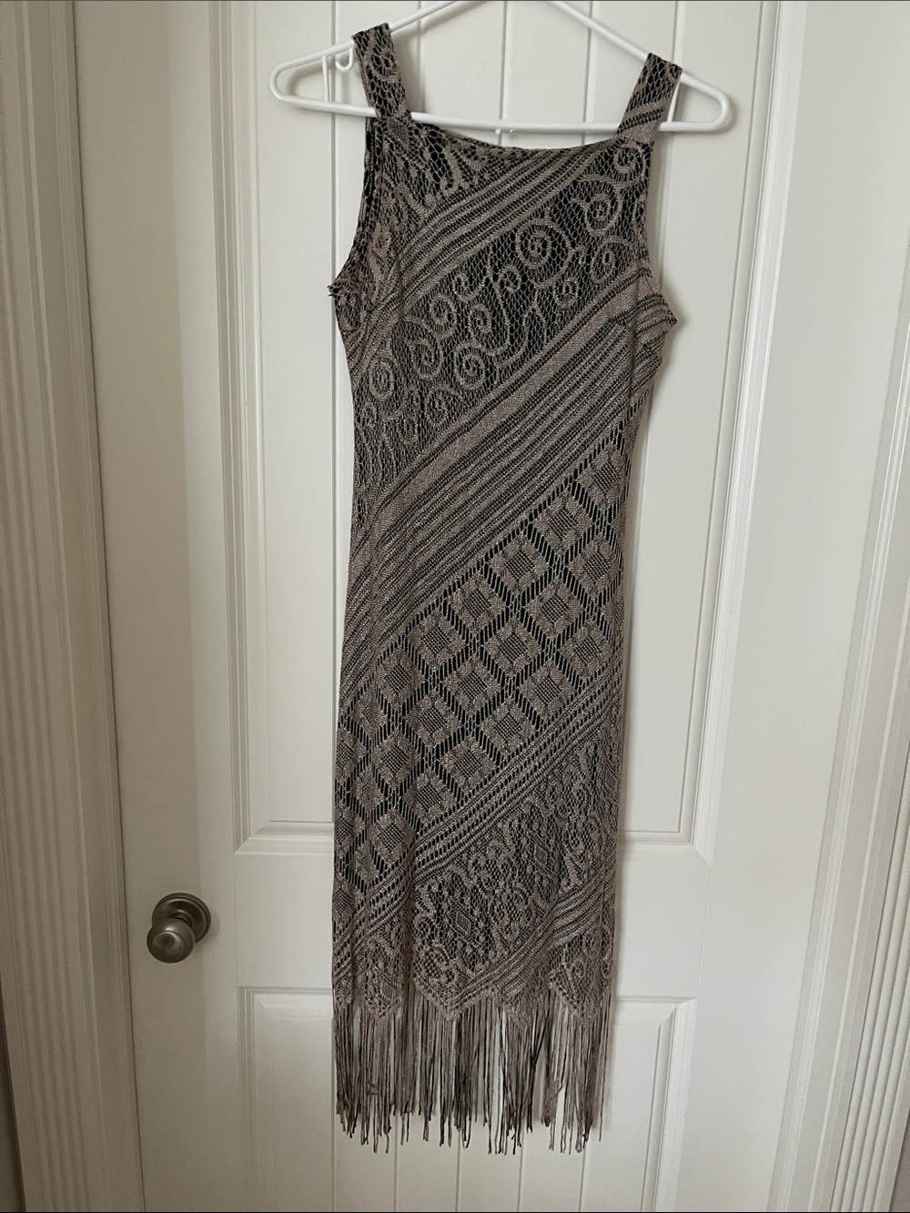 Sleeveless Fringe Knit Midi Dress in Taupe and Black